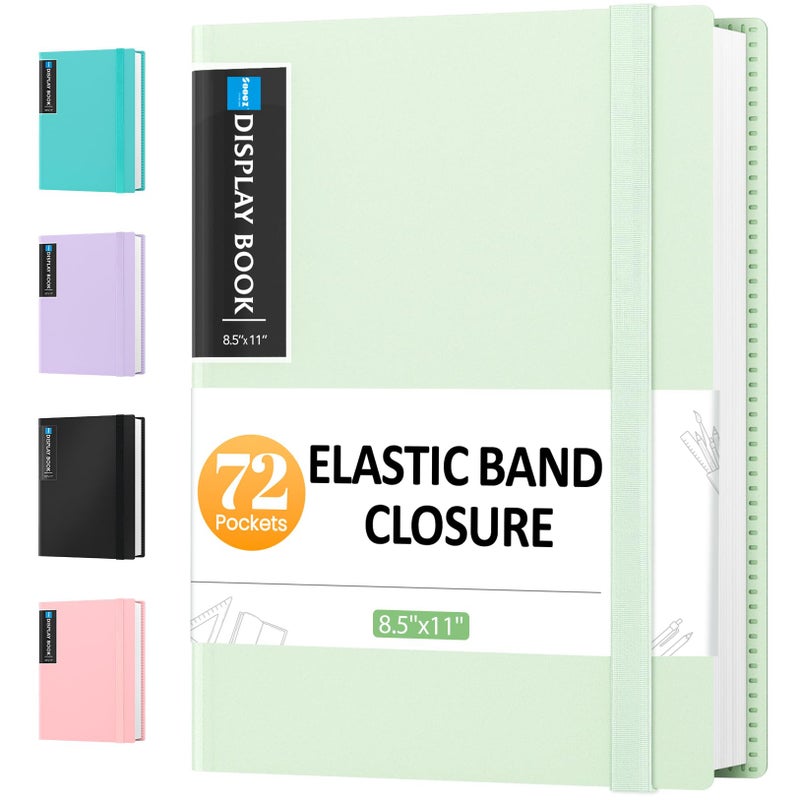 سويز حافظة Sooez تحتوي على 72 جيبًا بأكمام بلاستيكية وشريط مطاطي، سعة كبيرة 8.5x11 عرض كتاب العرض 144 صفحة، مجلد مستندات محفظة فنية مع واقيات أوراق شفافة للمدرسة المكتبية - Image 1